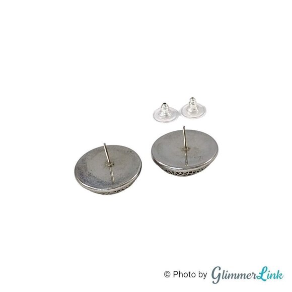 Geometric Silver Tone Round Mesh Windscreen Button Dome Post Earrings - Picture 7 of 8